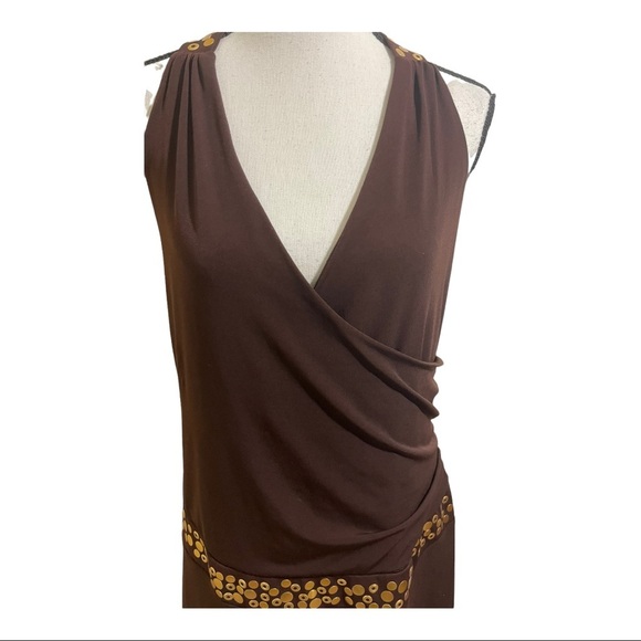 Torrid womens halter faux wrap dress. Gold dot trim. Size 12. Brown drop… - Picture 2 of 12